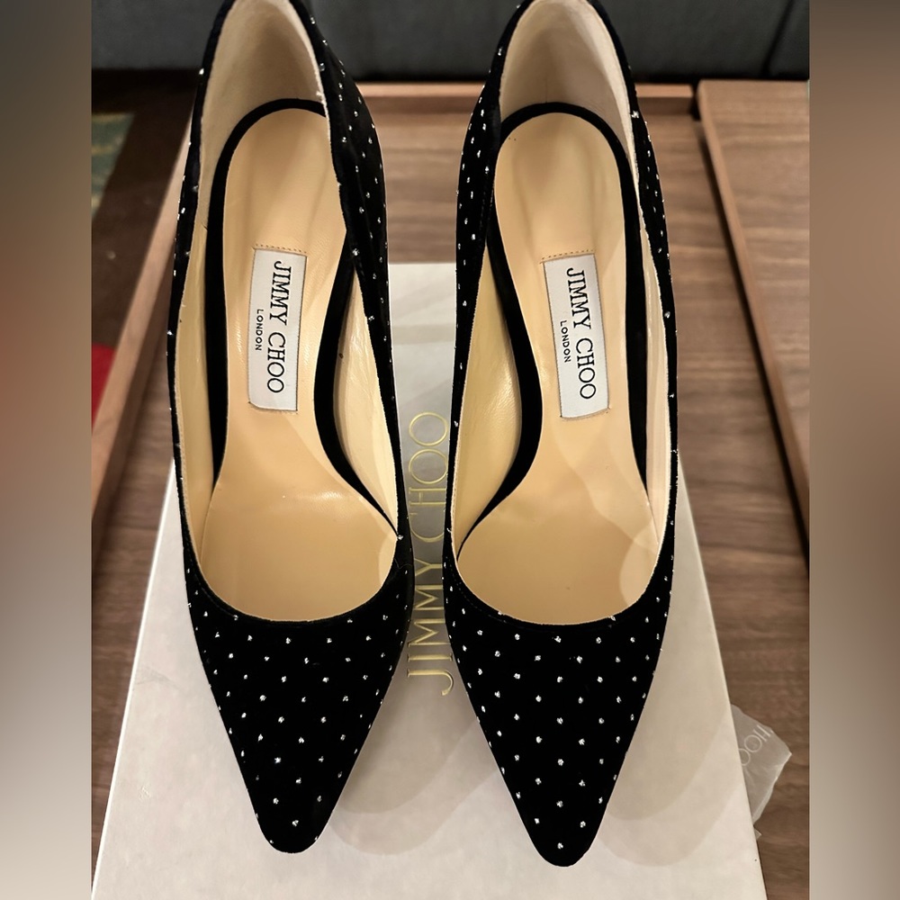 Jimmy Choo Roku 100 Black with silver specks — size 7.5